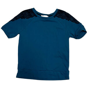 Ann Taylor Loft Women’s Black Lace Shoulder Teal Green 100% Cotton Top, Small